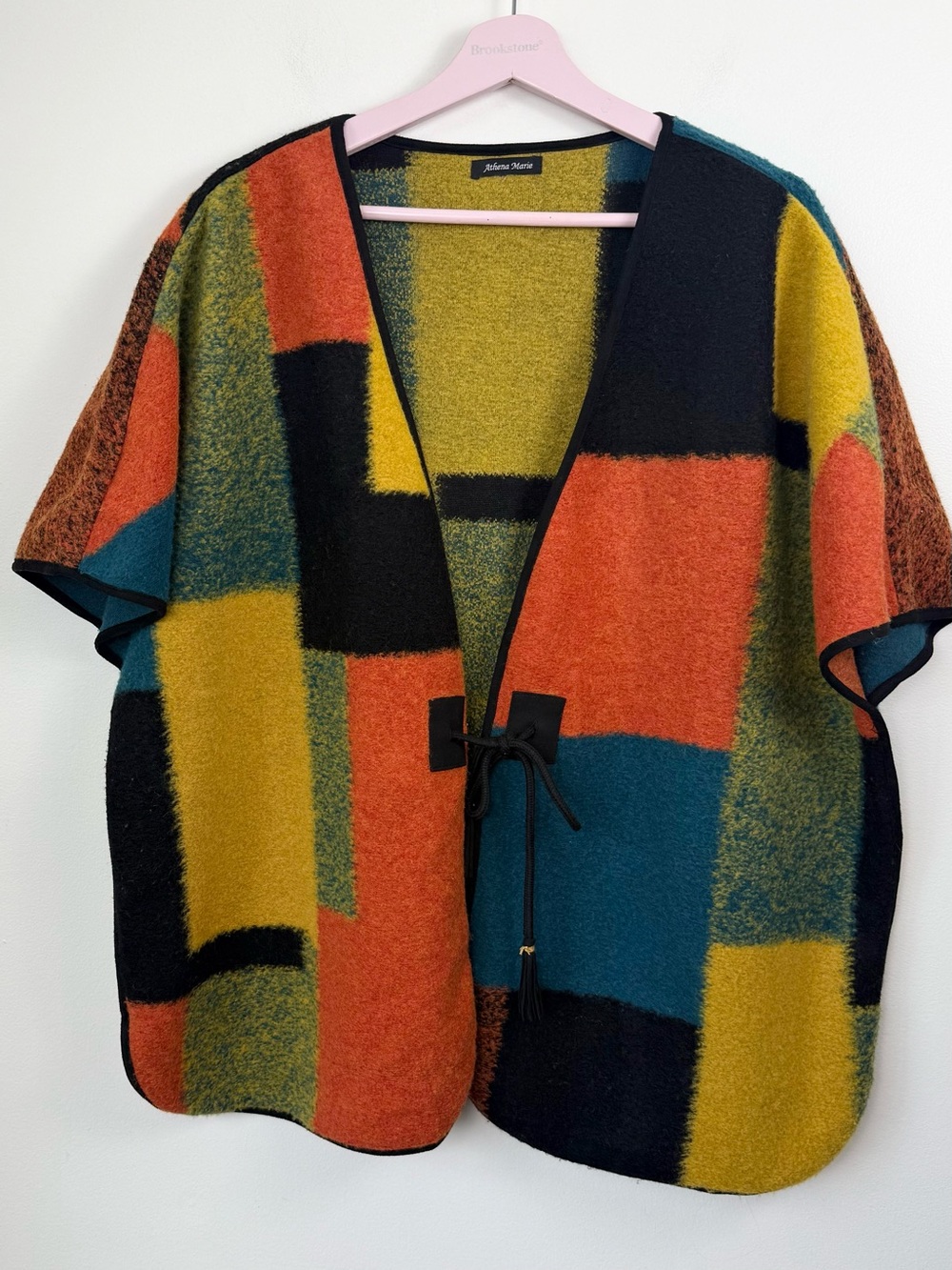 Athena Marie Wool Blend Jewel Tone Colorblock Patchwork Cape Large